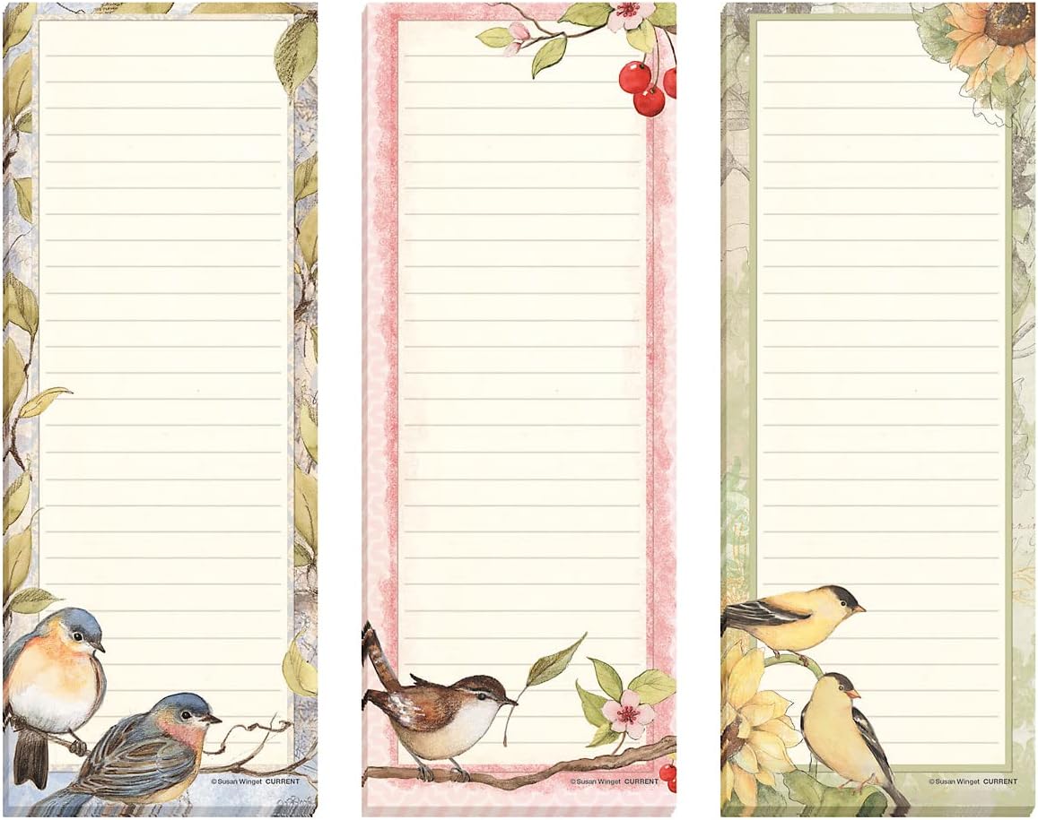 Current Seasonal Birds Magnetic Notepad Set of 12 Mini Memo Pads, 12 Designs, 30-Sheet Pads, 2x6 Inches