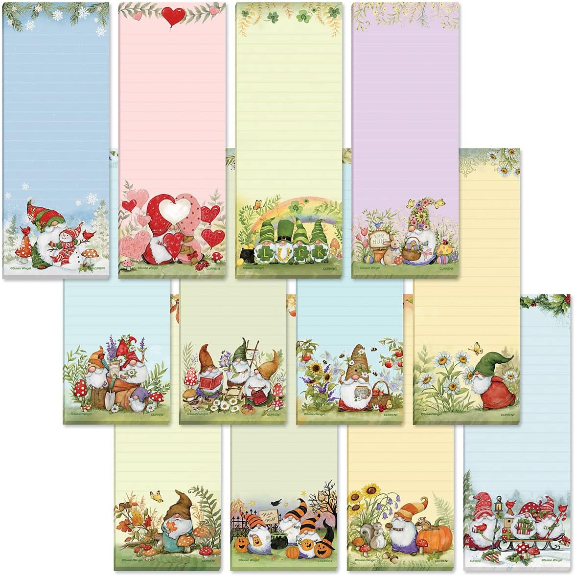 Current Seasonal Birds Magnetic Notepad Set of 12 Mini Memo Pads, 12 Designs, 30-Sheet Pads, 2x6 Inches