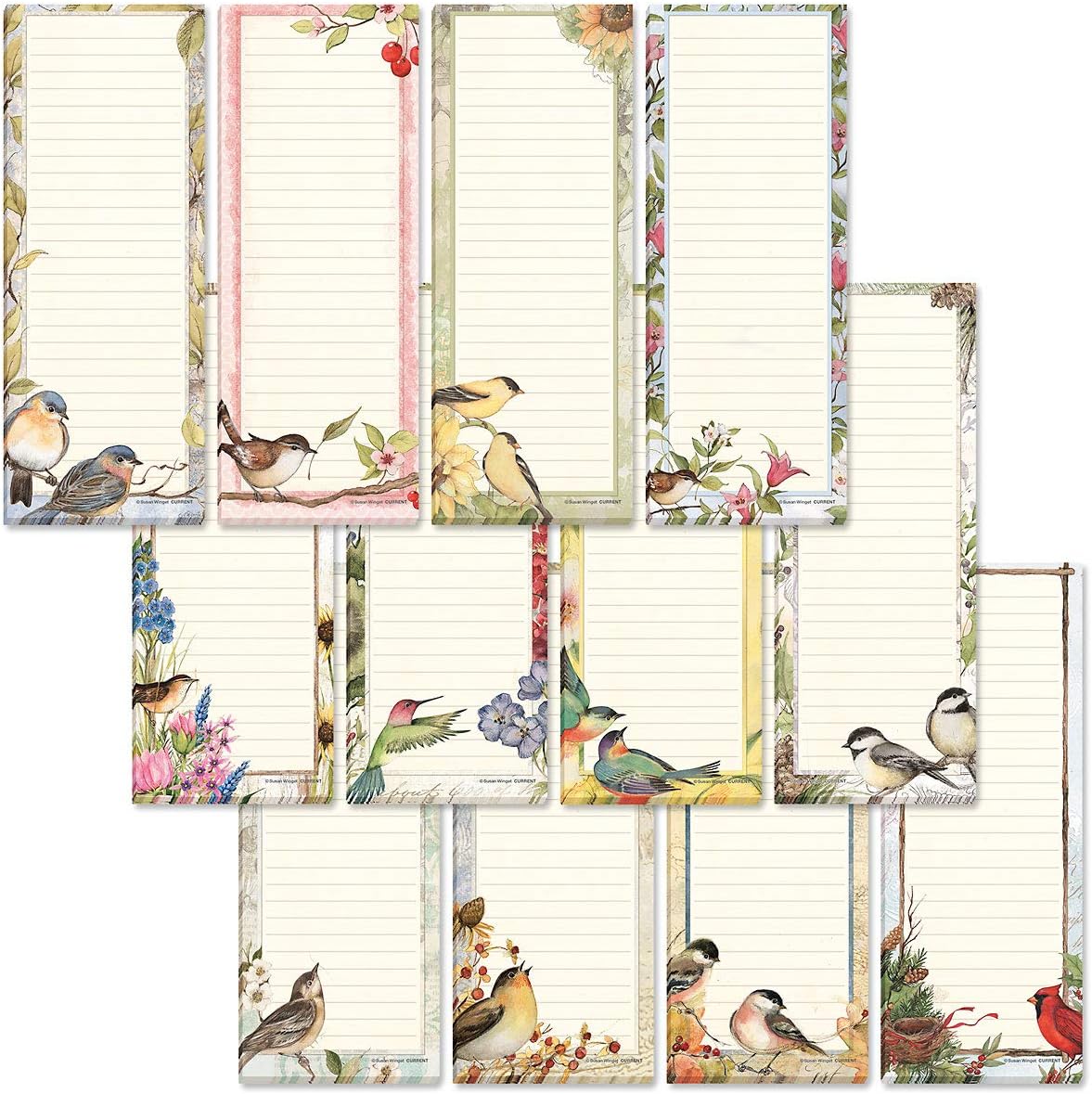 Current Seasonal Birds Magnetic Notepad Set of 12 Mini Memo Pads, 12 Designs, 30-Sheet Pads, 2x6 Inches