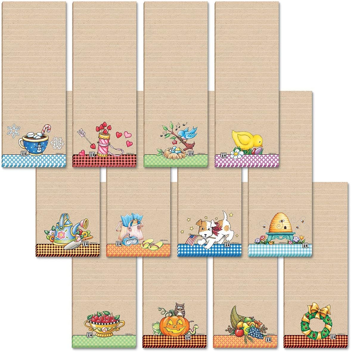 Current Seasonal Birds Magnetic Notepad Set of 12 Mini Memo Pads, 12 Designs, 30-Sheet Pads, 2x6 Inches