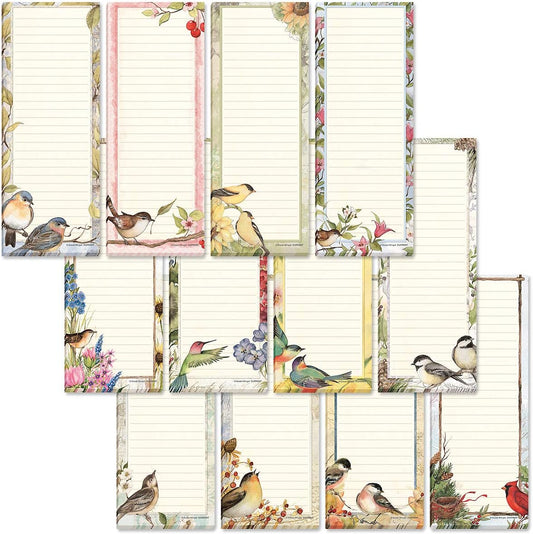 Current Seasonal Birds Magnetic Notepad Set of 12 Mini Memo Pads, 12 Designs, 30-Sheet Pads, 2x6 Inches