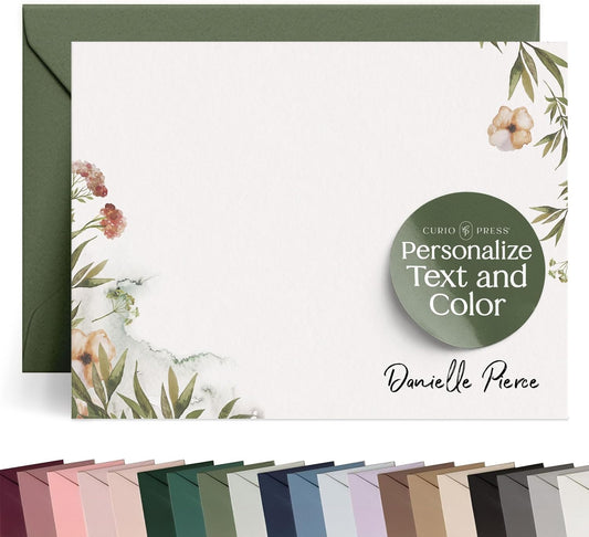 Personalized Stationery Customized Wildflower Watercolor Notecard Cards with Envelopes